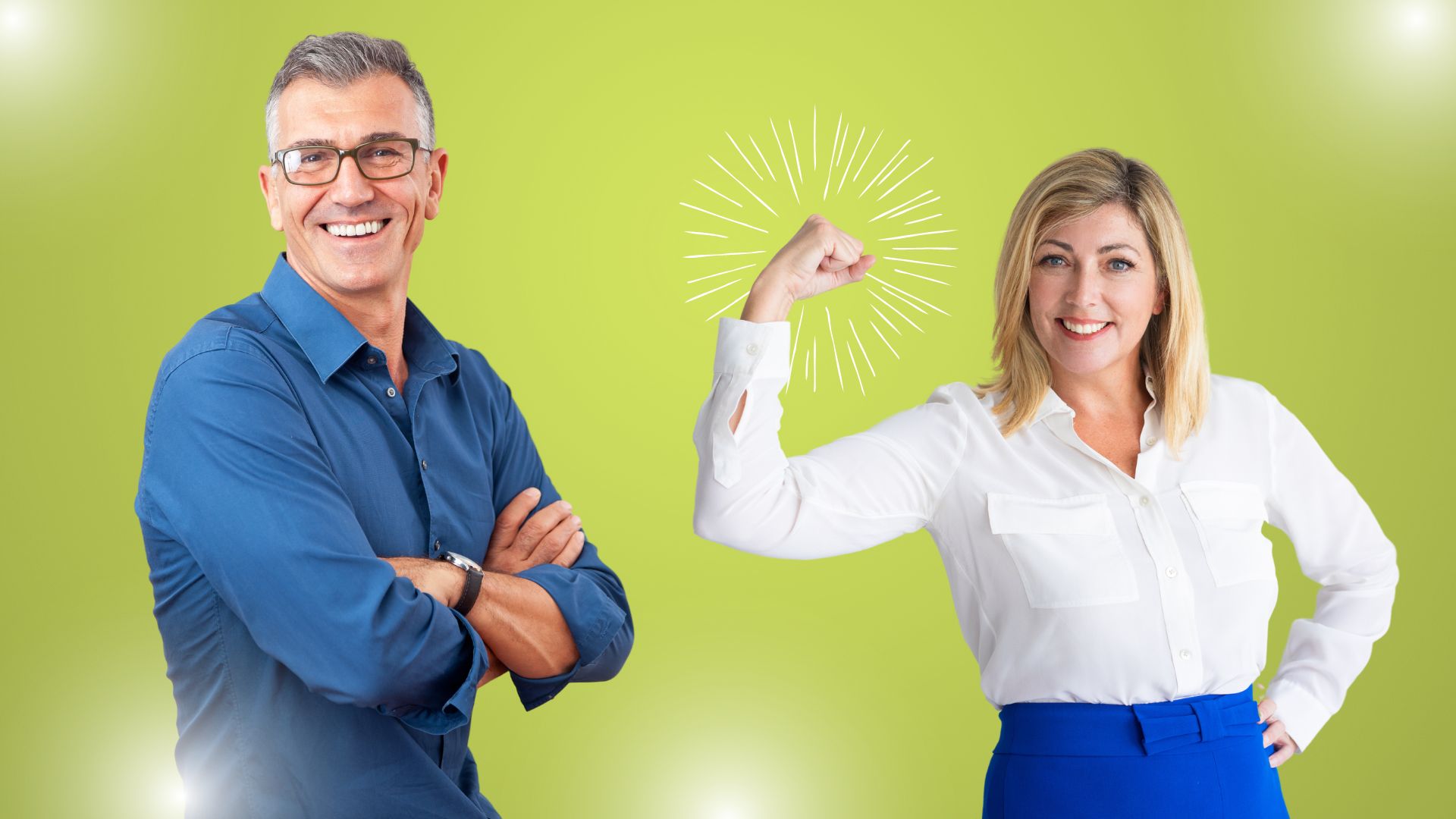 Selbstbewusste, sympathische männliche und weibliche Führungskraft blicken optimistisch