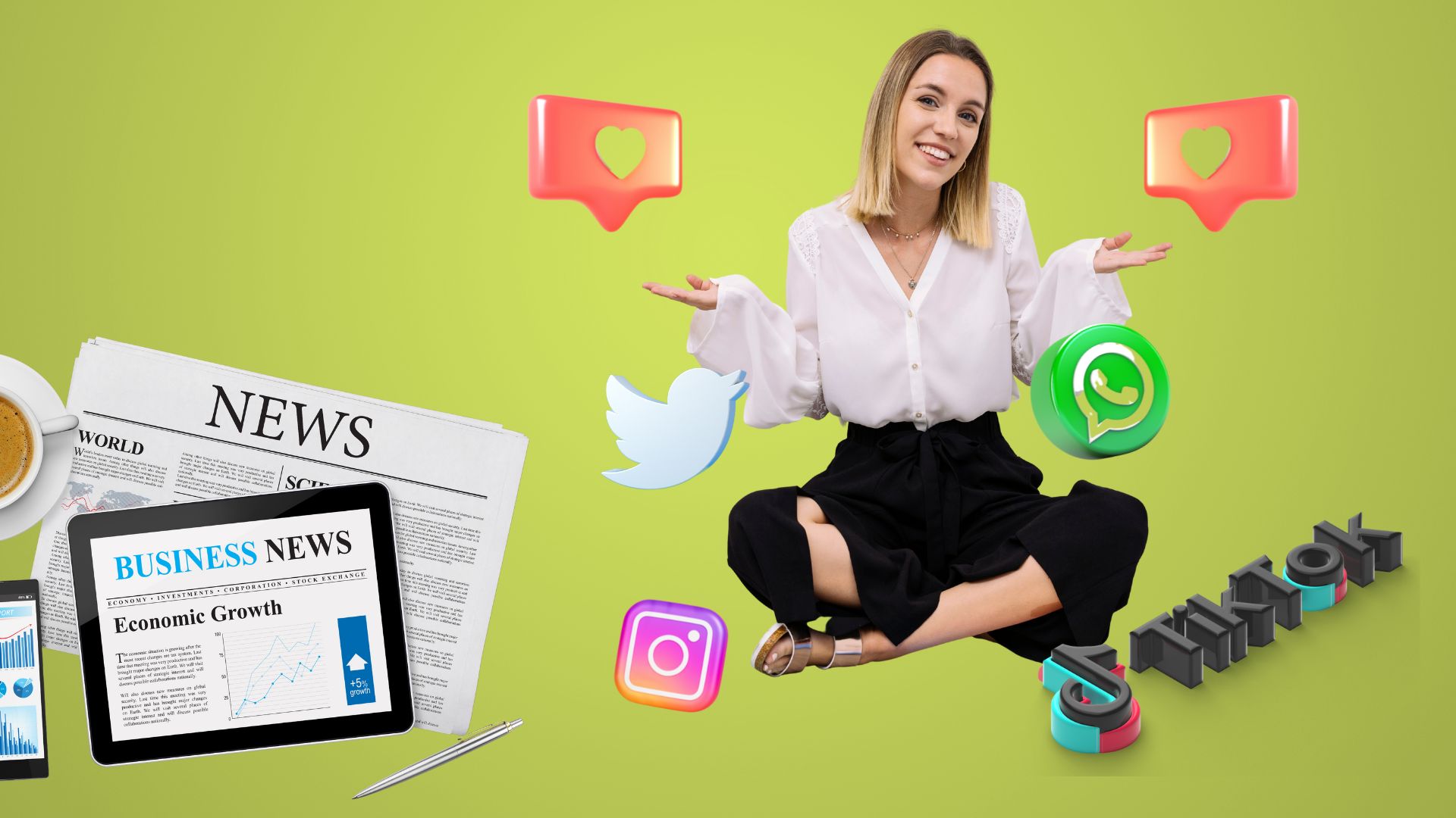 Junge Frau, die umringt ist von Social Media-Logos wie TikTok, Instagram, Twitter, WhatsApp. Linksbündig ist ein Tablet mit News-Inhalten
