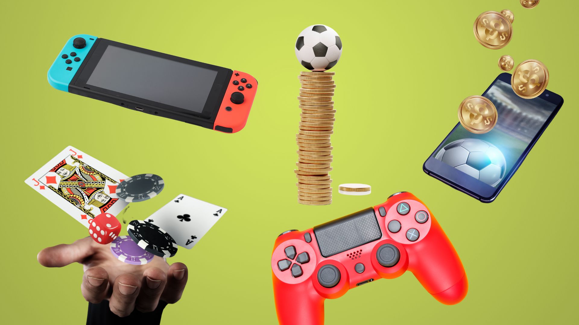 Symbolbilder für Spielsucht: Nintendo DS, Sportwetten per App, Spielkonsolen, Münzstapel mit Fußball auf der Spitze, Jetons und Kartenspiele
